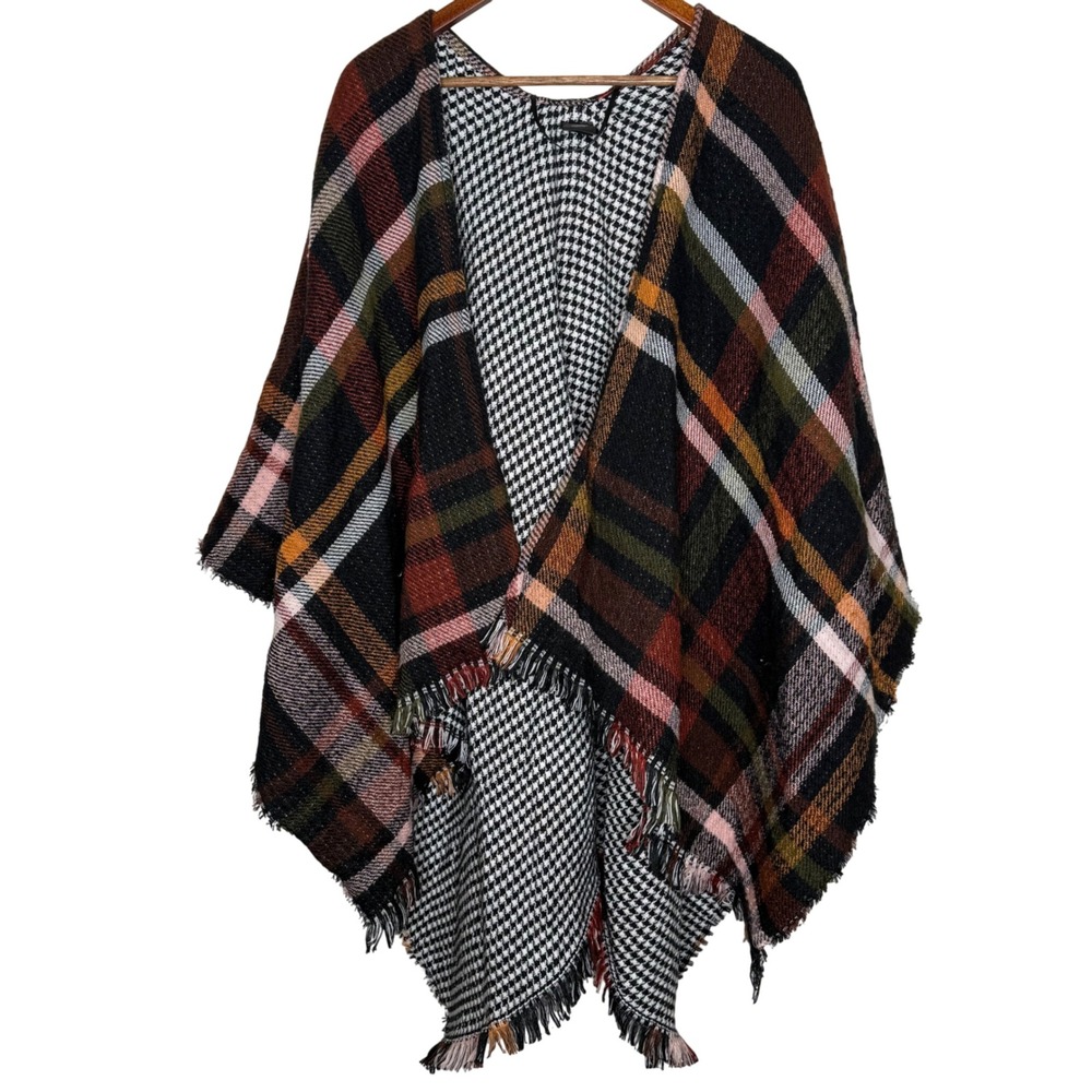 Steve Madden Reversible Plaid Houndstooth Poncho Cape‎ Shawl OSFM Women
